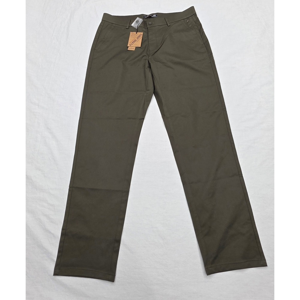 PJ Paul Jones Mens Olive Green Flat Front Straight Leg Trousers Size M New